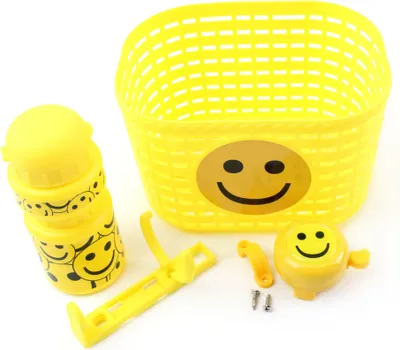Immagine prodotto di Set cestino bici borraccia e campanello per bambini giallo con smiley per balance bike, triciclo, bicicletta, monopattino