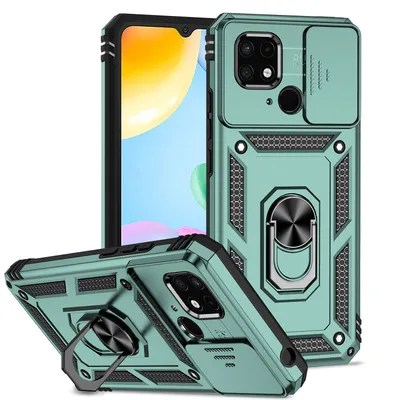 Immagine prodotto di Custodia per Xiaomi Redmi 10C a doppio strato con copertura scorrevole della fotocamera e supporto ad anello verde