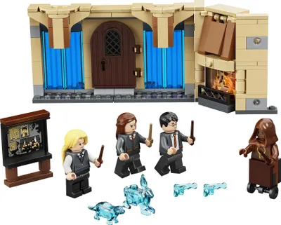 A LEGO set depicting a scene from Harry Potter, including figures and a building.