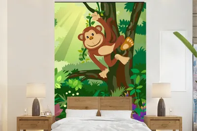 Produktbild von MuchoWow® Fototapete für Wohnzimmer oder Schlafzimmer Wandtapete Vinyl Motivtapete Affe - Dschungel - Jungen - Mädchen - Blumen - Kinder - 200x300 cm - Wanddekorationen