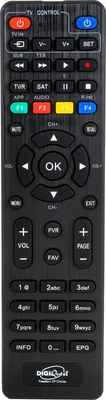 A black remote control is shown against a light gray background.
