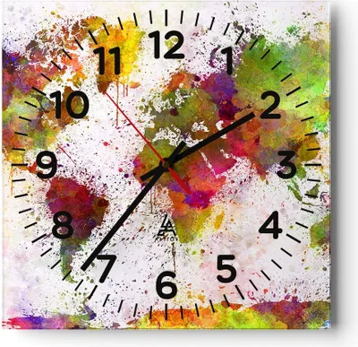 Produktbild von Wanduhr - Quadrat - Glasuhr - Karte Welt modern - 40x40cm - Schleichendes Uhrwerk - Lautlos - zum Aufhängen bereit - Dekoration Modern - Wanddekoration aus Glas - C4AC40x40-3701