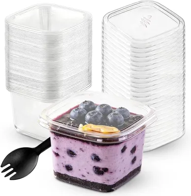 Obrázok produktu pre Dezertné poháre 360 ml, priehľadné štvorcové, 50 ks, s vrchnákom a lyžičkami, pre oslavy