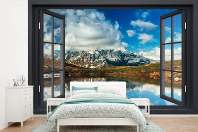 Produktbild von MuchoWow® Fototapete für Wohnzimmer oder Schlafzimmer Wandtapete Vinyl Motivtapete Aussicht - Berge - Wasser - 450x300 cm - Gemusterte