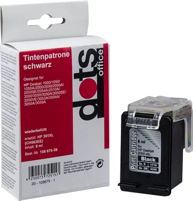 Produktbild von dots schwarz Druckerpatrone kompatibel zu HP 301XL (CH563EE)
