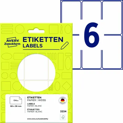 Produktbild von Avery Zweckform 3334, Vielzweck-Etiketten, 66 x 38 mm, 174 Etiketten / 29 Bögen, Weiß