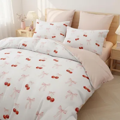 Zdjęcie produktu dla Komplet pościeli 135x200 cm, mikrofibra, dwustronny, 2-elementowy, w kolorze różowym i białym, z motywem wiśni i kokardek