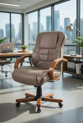 Immagine prodotto di Sedia da ufficio ergonomica, rivestita in ecopelle e con struttura in legno, Immagine generata dall'IA