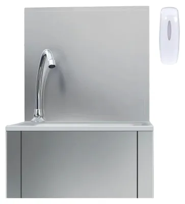 Produktbild von Edelstahl-Handwaschbecken zur Wandmontage mit Kniebedienung, inklusive Wasserhahn und Seifenspender
