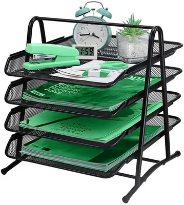 Zdjęcie produktu dla Metalowy organizer z 4 półkami, organizer formatu A4 z przegródkami, szuflada biurkowa, szuflada na dokumenty, wyposażenie biurowe i szkolne, czarny
