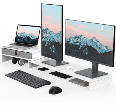 Produktbild von Omgoods – Ergonomischer Monitorständer für den Schreibtisch mit verstellbaren Ablageflächen – Weiß