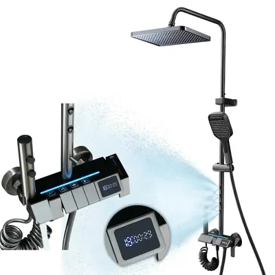 Produktbild von 5-in-1 Duschsystem Schwarz mit Thermostat, Digitalanzeige, Regen- und Handbrause