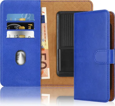 A blue flip case wallet for a phone, showing card slots and banknotes inside.