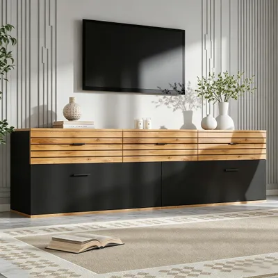 Productafbeelding van ELANDEPOT Tv-meubel 168 × 38 × 59 cm naturel / zwart laden opbergruimte ladder deuren modern en functioneel ontwerp voor dagelijks gebruik
