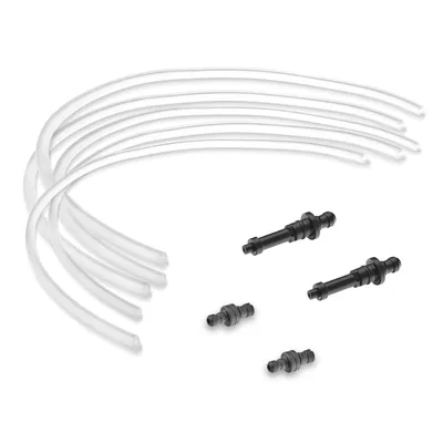 A set of clear plastic tubes and black plastic connectors on a white background.