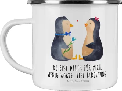 Produktbild von Mr. & Mrs. Panda Teetasse Pinguin Pärchen - Weiß - Geschenk, Hochzeit, Kaffeepott, Liebespaar, Liebe, becher emaille, Pott, Tasse, Teebecher