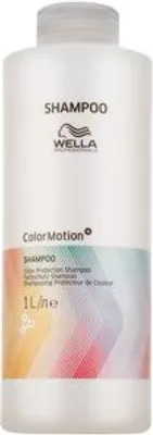 A white bottle of Wella Professionals Color Motion+ Shampoo is shown against a white background. The bottle has colorful abstract lines on the lower part of the label.