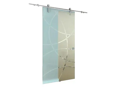 A glass sliding door with a frosted geometric pattern, mounted on a silver rail system.