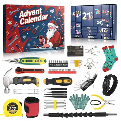 Produktbild von Werkzeug Adventskalender Männer 24-teilig mit mechanischen Werkzeugen und Überlebenshilfen für Outdoor Camping Wandern