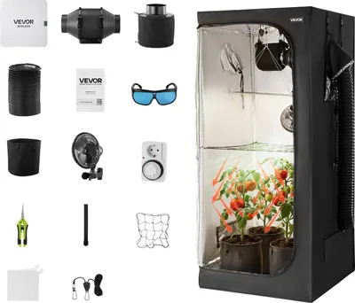 A collection of items for a grow tent setup, including the tent itself, ventilation equipment, lighting, and accessories, arranged around the tent.