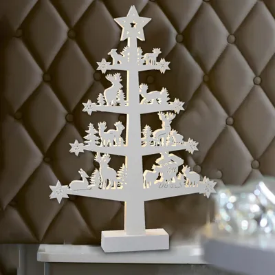 Produktbild von LED Weihnachtsbaum Holz weiß Deko Winter Weihnachten beleuchtet 10 LED warmweiß