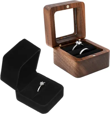 Imagen del producto de Juego de cajas para anillos, de 2 piezas, estilo vintage, madera de nuez, forro interior de terciopelo, para anillos de boda