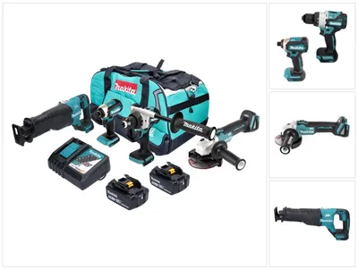 Produktbild von Makita DLX 4157 TX1 Akku Kombo Kit 18 V DDF 486 + DGA 504 + DJR 187 + DTD 153 + 2x Akku 5,0 Ah + Ladegerät + Tasche