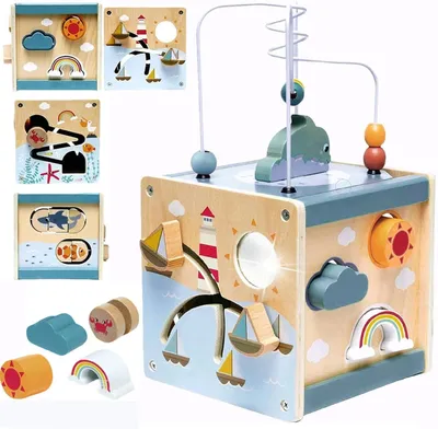 Produktbild von Holz-Aktivitätswürfel 6-in-1 mit Perlenlabyrinth und Sortierspiel