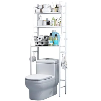 Image de Étagère de salle de bain peu encombrante Étagère pour machine à laver Étagère de toilettes Organiseur de salle de bain avec crochets Étagère de WC en métal blanc