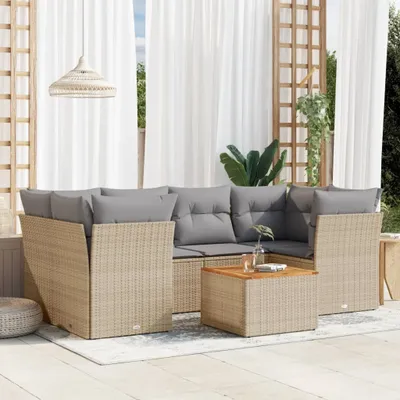 Produktbild von Möbel 7-tlg. Garten-Sofagarnitur mit Kissen Beige Poly Rattan - Gartenmöbelgarnituren 3255828
