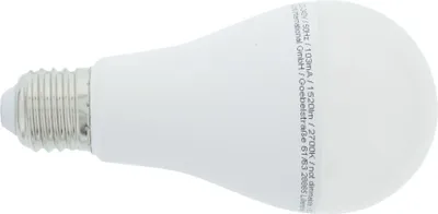 A white LED light bulb with a screw base, lying on its side against a white background. Text is printed vertically along the side of the bulb.