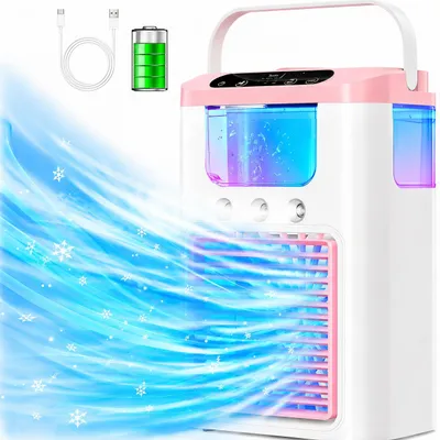 Produktbild von 4-in-1 Mini Klimaanlage,RGB Luftkühler,Tragbare USB Ventilator mit 3 Modi,600ml Wassertank,Lange Akkulaufzeit,60° verstellbarer Winkel,Leiser,Rosa