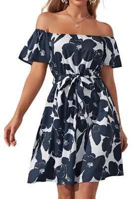 Produktbild von JECEIKA Schulterfreies Damenkleid mit Rüschen, Blumenmuster, Sommerkleid, Hochze