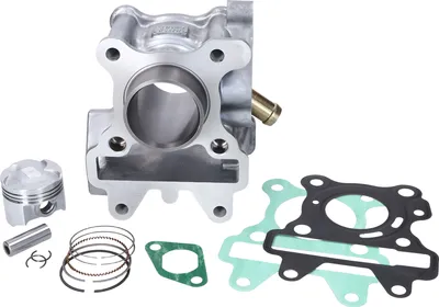 A collection of motorcycle engine parts, including a cylinder, piston, rings, and gaskets, laid out on a white background.