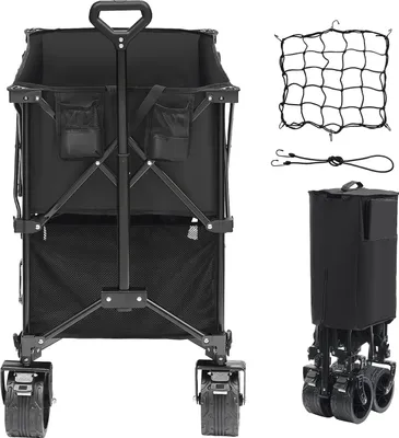 Produktbild von SucceBuy Faltbarer Doppeldeckerwagen, 400 l zusammenklappbarer Wagen mit Geländerädern, robuster Faltwagen mit 204 kg Tragkraft für Camping, Einkaufen und Garten, 132 cm extra lange Verlängerung