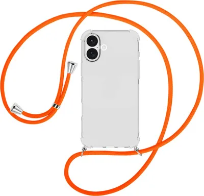 Produktbild von Handykette Backcover-Schutzhülle mit Band (Metall silberfarben) für iPhone 16 Plus - neonorange