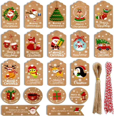 Productafbeelding van Hangers Kerstmis kraftpapier etiketten met touw - Set van 100
