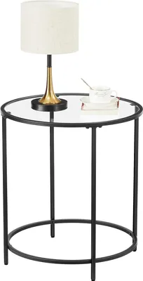 Produktbild von VASAGLE Runder Beistelltisch, Kleiner Couchtisch, Endtisch aus gehärtetem Glas mit Stahlgestell, Nachttisch, Wohnzimmer, Balkon, Schwarz