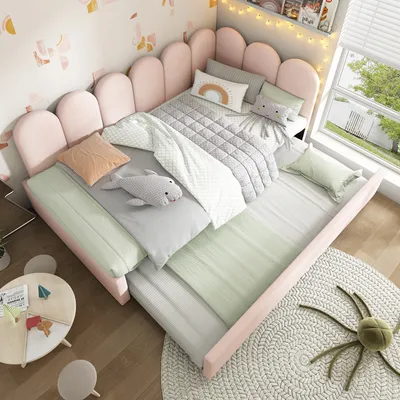 Produktbild von Merax čalúnená posteľ 90x200 cm s výsuvným lôžkom, denné lôžko, detská posteľ so zamatovým poťahom a mriežkovým vzorom - Vrátane lôžka (90x190 cm), bez matraca, ružová
