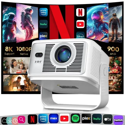 Produktbild von Beamer Projektor tragbar Heimkino 1080p mit 8K 4K Unterstützung Android 14 WiFi 6 Bluetooth Autofokus und Trapezkorrektur 230 ANSI Lumens HDMI USB Stereo