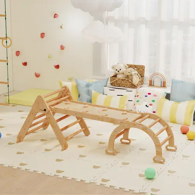 Produktbild von SUGIFT Klettergerüst 7-in-1 Kinder Holz, klappbar, Rutsche, Kletterwand, Bogenleiter, Pappelholz Naturholz | 188 x 70 x 59 cm | bis 50 kg | 1,5–4 Jahre