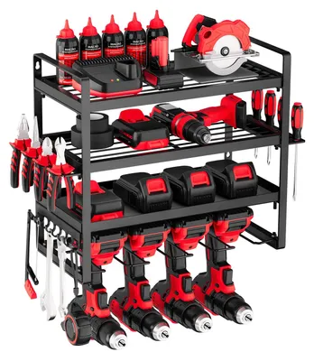 Obrázek produktu pro Organizér na nářadí VEVOR, nástěnný, 4patrový, s 4 držáky na vrtačky, držákem na nářadí a úložným prostorem, včetně držáku na šroubováky. Organizér na nářadí do garáže, na pracovní stůl a do dílny