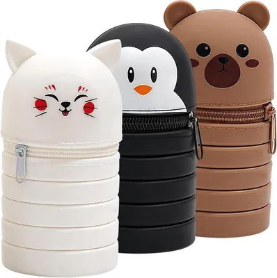Image de Étui à crayons en silicone 2-en-1 pour étudiants - Pingouin, chat et ours - Noir, blanc et marron.