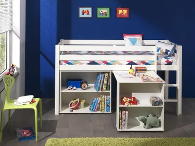 Produktbild von Vipack Spielbett Pino mit Schreibtisch und Regal - Bett Kiefer massiv, Beimöbel MDF weiß lackiert, Maße: 210 cm x 114 cm x 106 cm; PICOHSBUBI14
