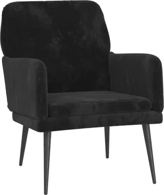 A black velvet armchair is shown against a white background.