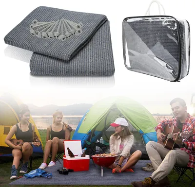 Productafbeelding van Campingtapijt voor de voortent, gemaakt van HDPE, 240 g/m², afmetingen 400 x 400 cm, blauwgrijs, 1 tapijt met 13 haringen, UV-bestendig en aan beide zijden bruikbaar