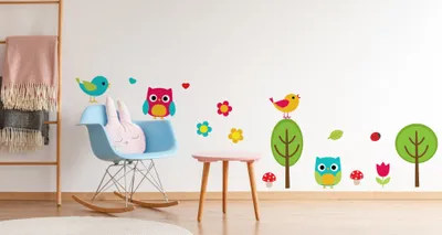 Obrázek produktu pro Muralo Nástěnná samolepka Fairy Sovy Ptáci a stromy 50 x 100 cm Nástěnná samolepka Set Dětský pokoj XXL