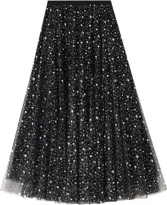 Produktbild von ASKSA Damen Glitzer Tuellrock Lang Tuell Faltenrock Petticoat Unterrock High Waist A-Linie Maxi Plisseerock Faschingskostueme Rock fuer Halloween Fasching Party,Schwarz