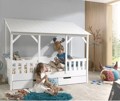 Produktbild von Hausbett für Kinder ALEXANDRIA-12 mit 90 x 200 cm Liegefläche und Bettschublade, Korpus weiß lackiert, Dach in weiß - B/H/T: 214,2/174/105,3cm