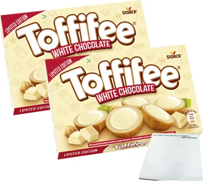 Two boxes of Toffifee White Chocolate are shown, one slightly in front of the other, against a white background. A small white square is placed in the foreground, bottom right.